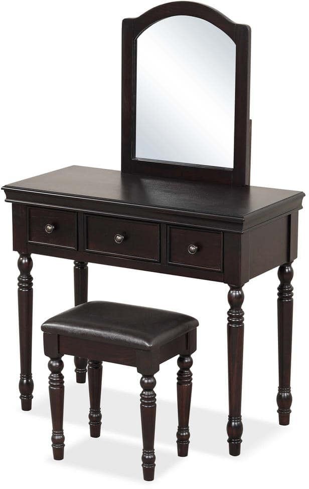 Costway 2-Piece Walnut Makeup Vanity Set Desk Cushioned Stool 3-Drawer Large Mirror