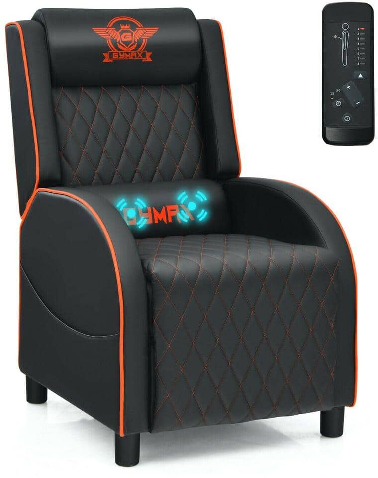 Gymax 24.5 in. W Orange Massage Gaming Recliner Chair Leather Single Sofa Home Theater Seat