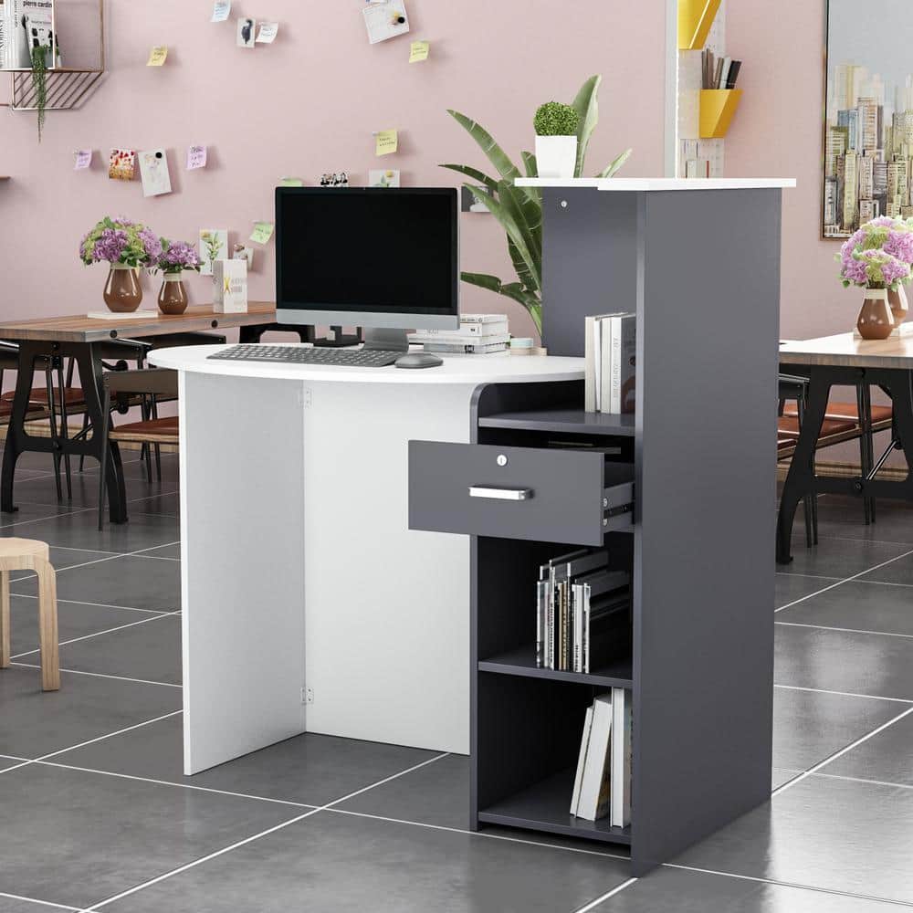 FUFU&GAGA 47.7 in. Rectangular White and Gray MDF Writing Desk with 1-Drawer 2-Shelves 47.7 in. x 23.6 in. x 43.3 in.