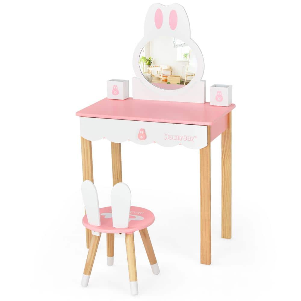 Costway Kids Vanity Set Rabbit Pink Armoire Makeup Dressing Table Chair Set 40.5 in. x 23.5 in. x 13.5 in.