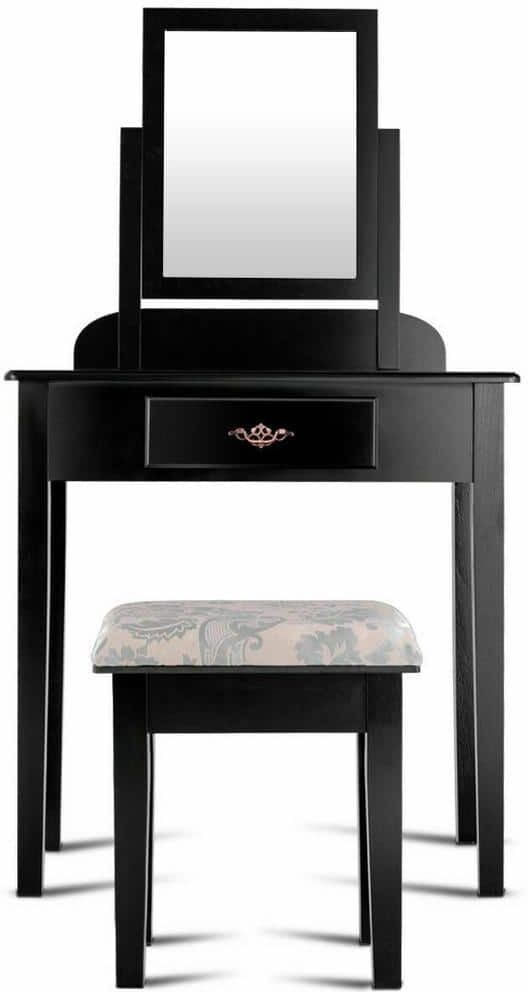 Costway 2-Piece Black Makeup Desk Vanity Dressing Table Set with Square Mirror Stool 1-Large Drawer