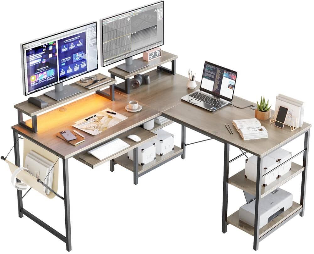 Bestier L Shaped Desk LED 95.2 Inch Computer Corner Desk with Keyboard Tray Monitor Stand Wash Grey