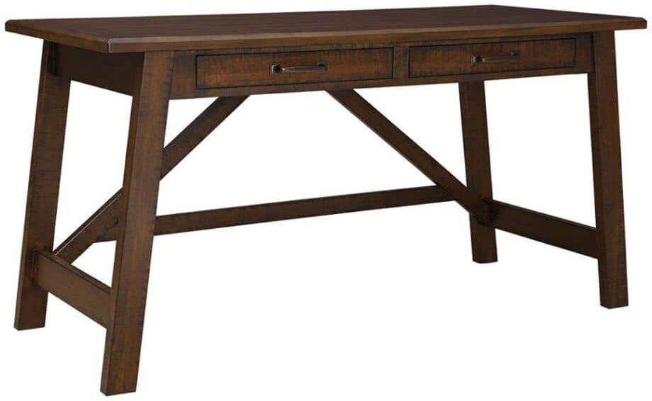 Benjara 60 in. Rectangular Brown Wood 2-Drawers Writing Desk with Cross Stretcher Brace Design