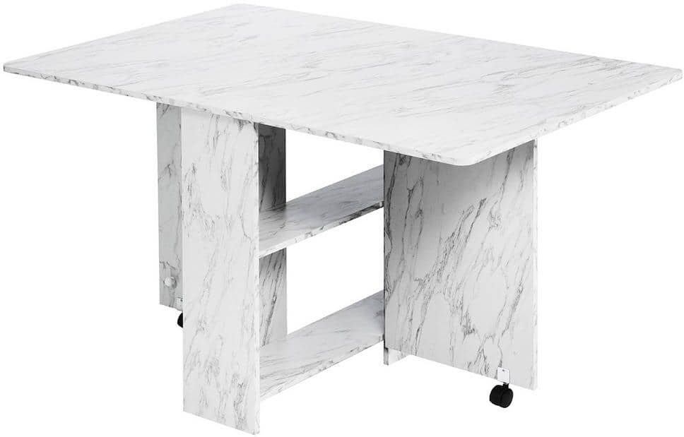 Dinaza 55.1 in. Rectangle White Marble Wood Folding Dining Table Drop Leaf Table with 2-Tier Racks with Wheels (Seats 6)