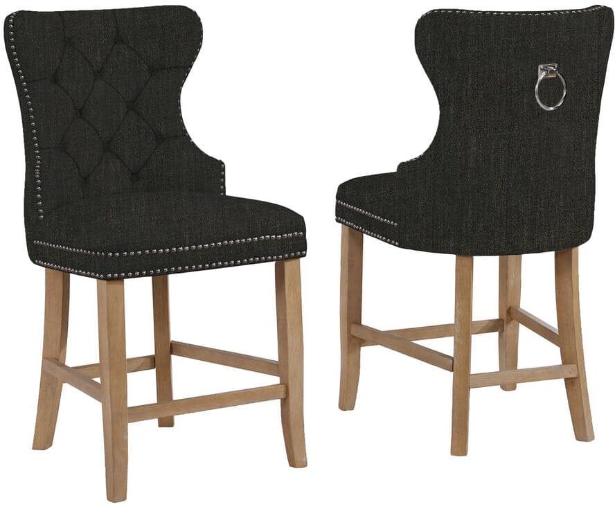 Best Quality Furniture Clara 41 in H. Dark Grey Linen Fabric High Back Wood Barstool W/Tufted Buttons, Nailhead Trim And Ring Handle (Set of 2)