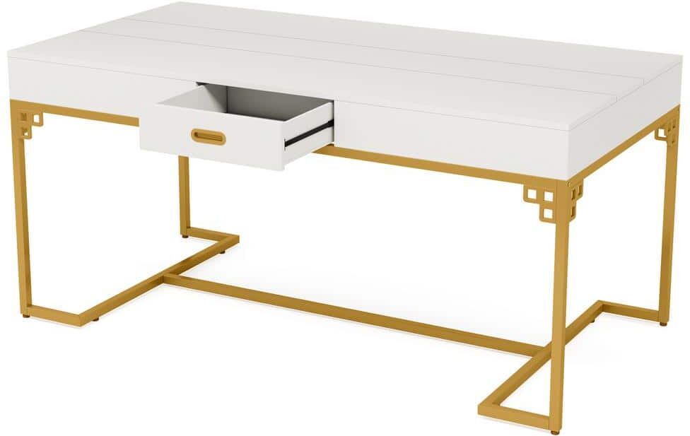 TRIBESIGNS WAY TO ORIGIN Halsey 63 in. Rectangular White Gold Wood 1-Drawer Desk Executive Computer Meeting Room Home Office Conference Table