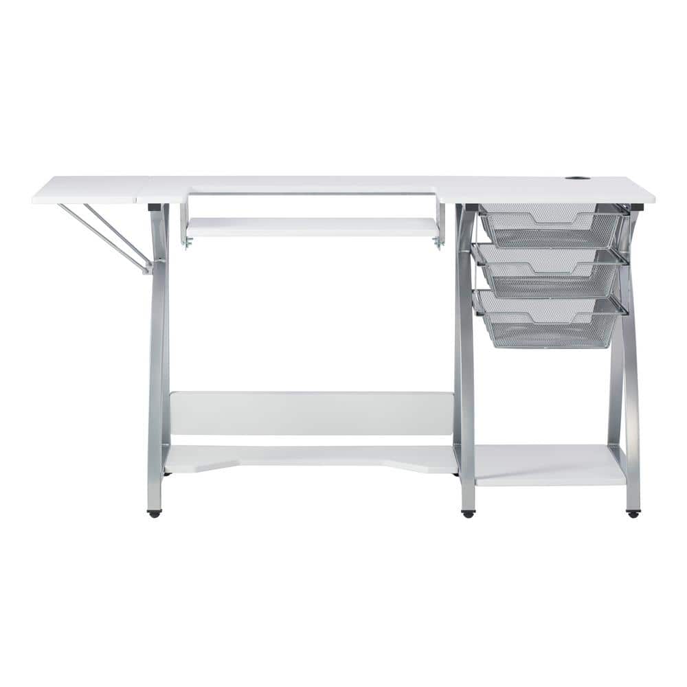 Sew Ready Pro Stitch 56.75 in. W PB Craft Sewing Table with Metal Mesh Drawers, Side Shelf, Drop-Down Platform in Silver/White