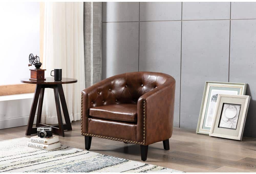 URTR Modern Dark Brown Nailhead Trim PU Leather Tufted Barrel Chair Accent Chair for Living Room Bedroom Club Chairs