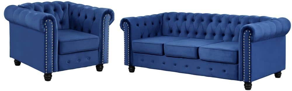 Morden Fort Velvet Couches for Living Room Sets, Chair and Sofa 2 Pieces Top in Blue