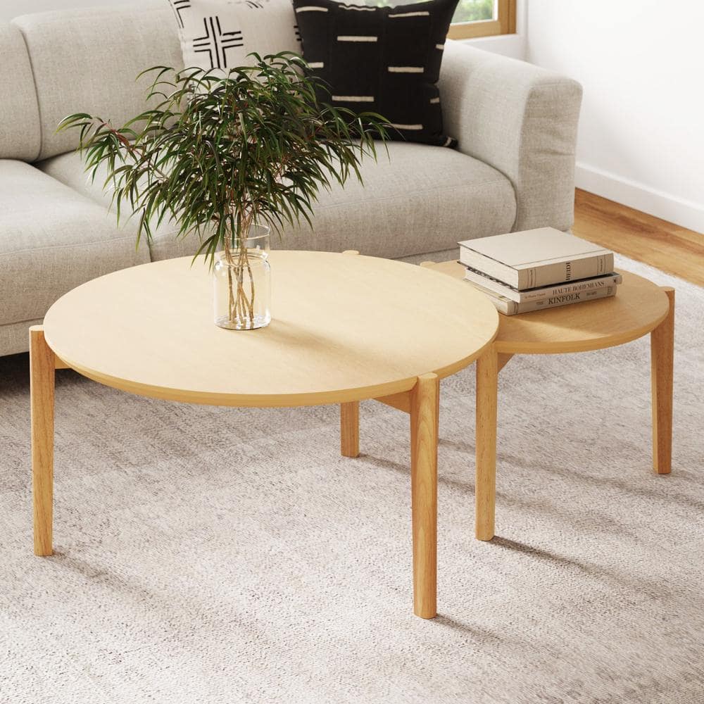 Nathan James Kendall 37 in. W Natural Brown Round Mid-Century Modern Wood Coffee Table for Living Room, Set of 2 Nesting Tables