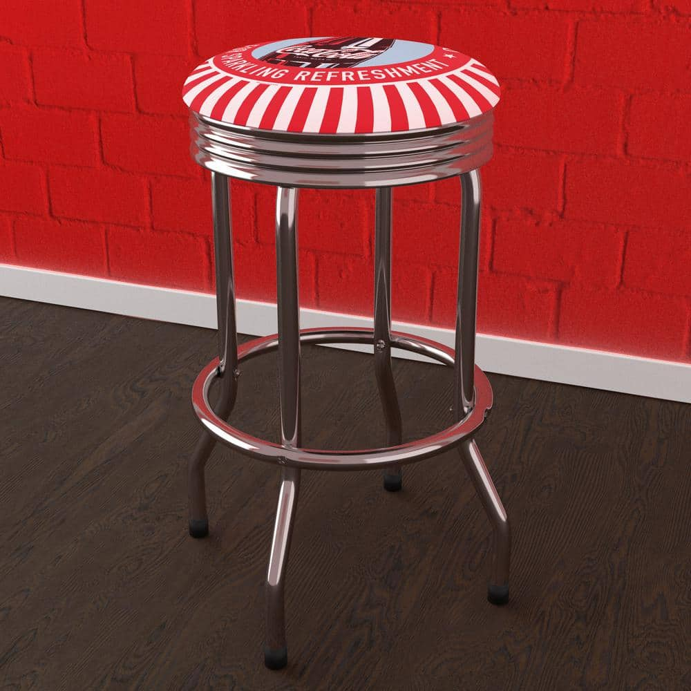 Coca-Cola Drink It Ice Cold for Sparkling Refreshment Bottle Art 29 in. Red Backless Metal Bar Stool with Vinyl Seat