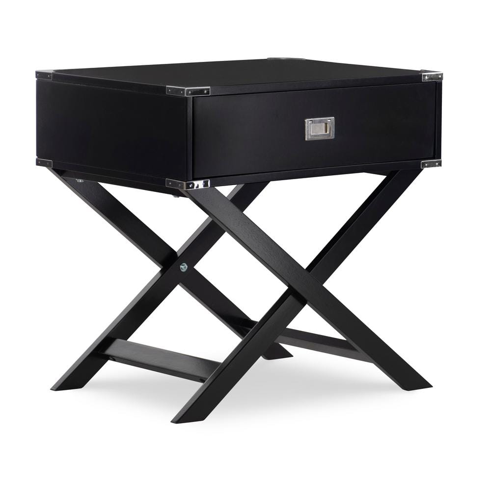 Linon Home Decor Patterson 24 in. Black X Base Accent Table with Drawer