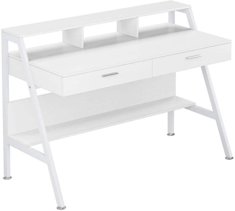 Tribesigns Cassey 47 in. Rectangular White Wood and Metal 2-Drawer Computer Desk with Monitor Stand Riser and Storage Shelves