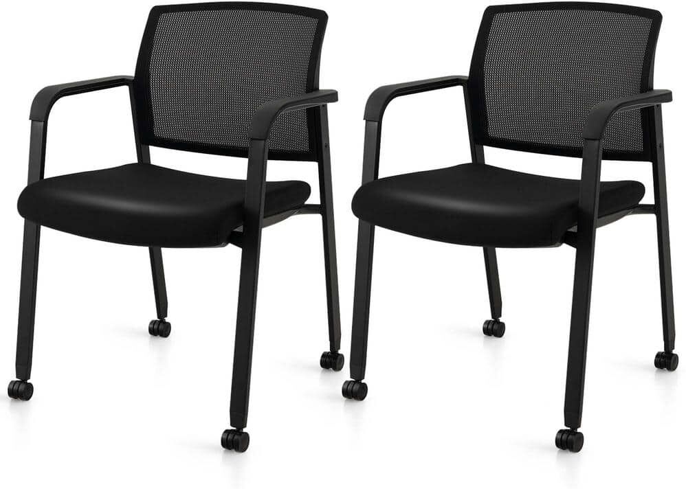 Costway Mesh Conference Chairs Stackable Ergonomic Office Guest Chair Waiting Room Wheels in Black (Set of 2)