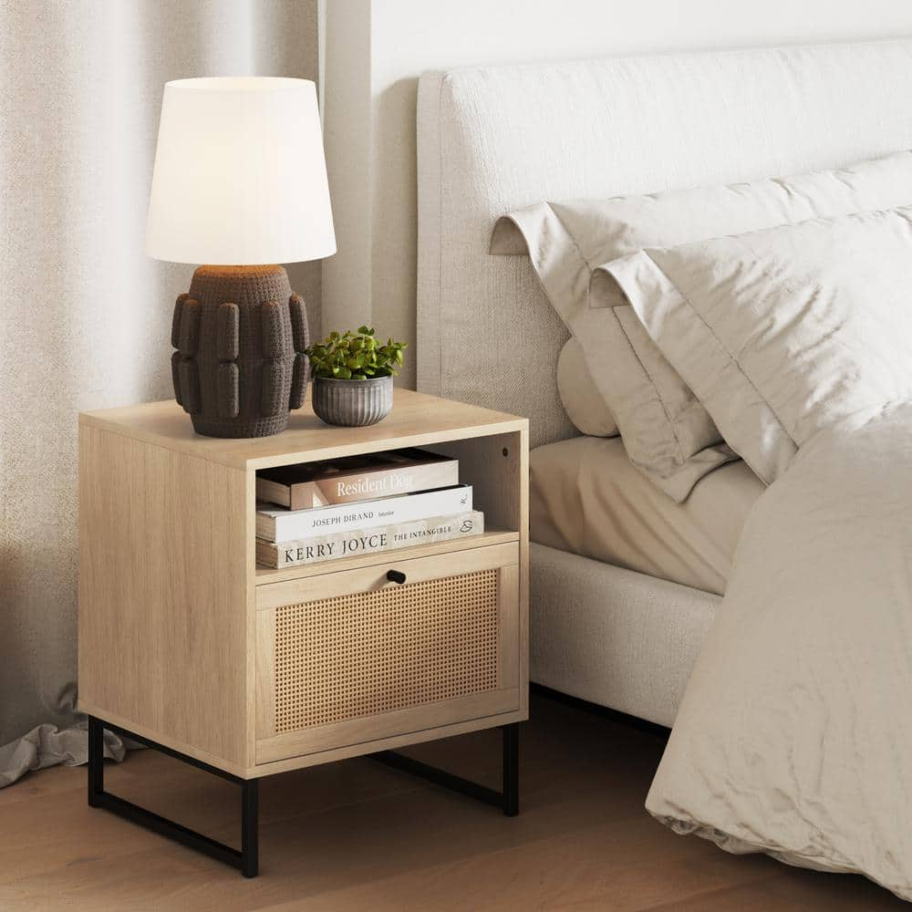 Nathan James Mina Oak-Finish Particleboard Wood Black Modern Accent Storage Living Room Sofa Side End Table Bedroom Nightstand