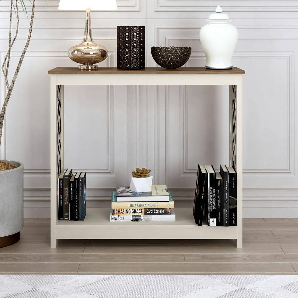 GALANO Nagata 38.1 in. Ivory with Knotty Oak Rectangle Engineer Wood Console Table