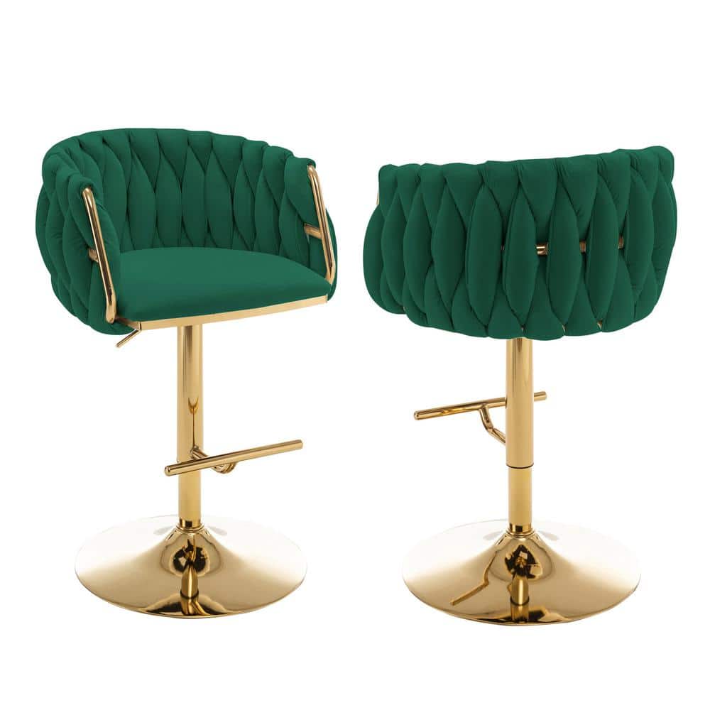 Best Quality Furniture Earl 25-33 in. Upholstered Emerald Green Low Back Gold Metal Frame Adjustable Bar Stool With Velvet Fabric (Set of 2)