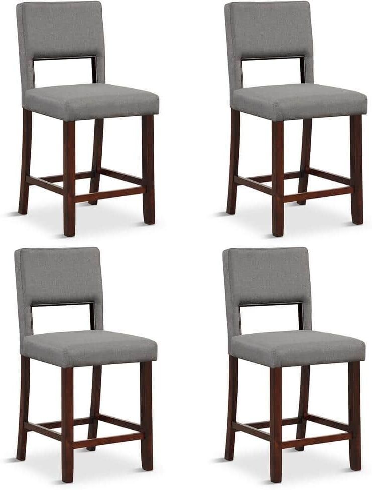 Gymax 4-Pcs 24.5 in. Grey Linen Fabric Counter Height Bar Stool Set withBack and Rubber Wood Legs