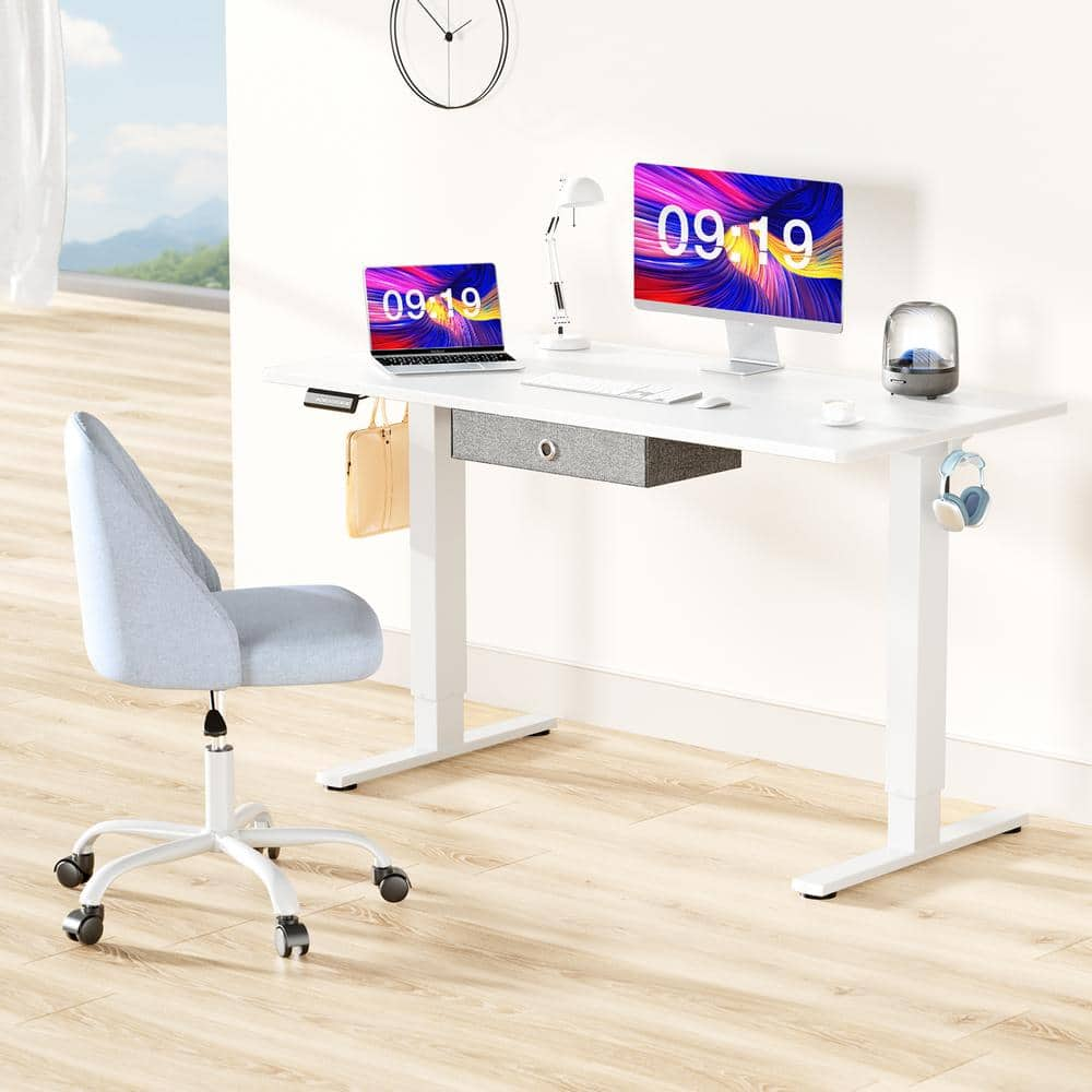 FIRNEWST 55 in. Rectangular White Electric Standing Computer Desk with Drawer Height Adjustable Sit or Stand Up