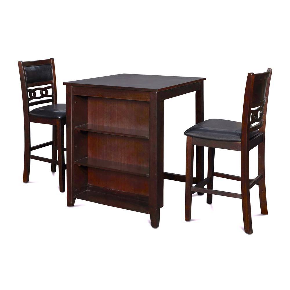 NEW CLASSIC HOME FURNISHINGS Gia 3-Piece Solid Wood Counter Set with 30  in. Counter Table with Storage Shelf and 2 Chairs, Ebony