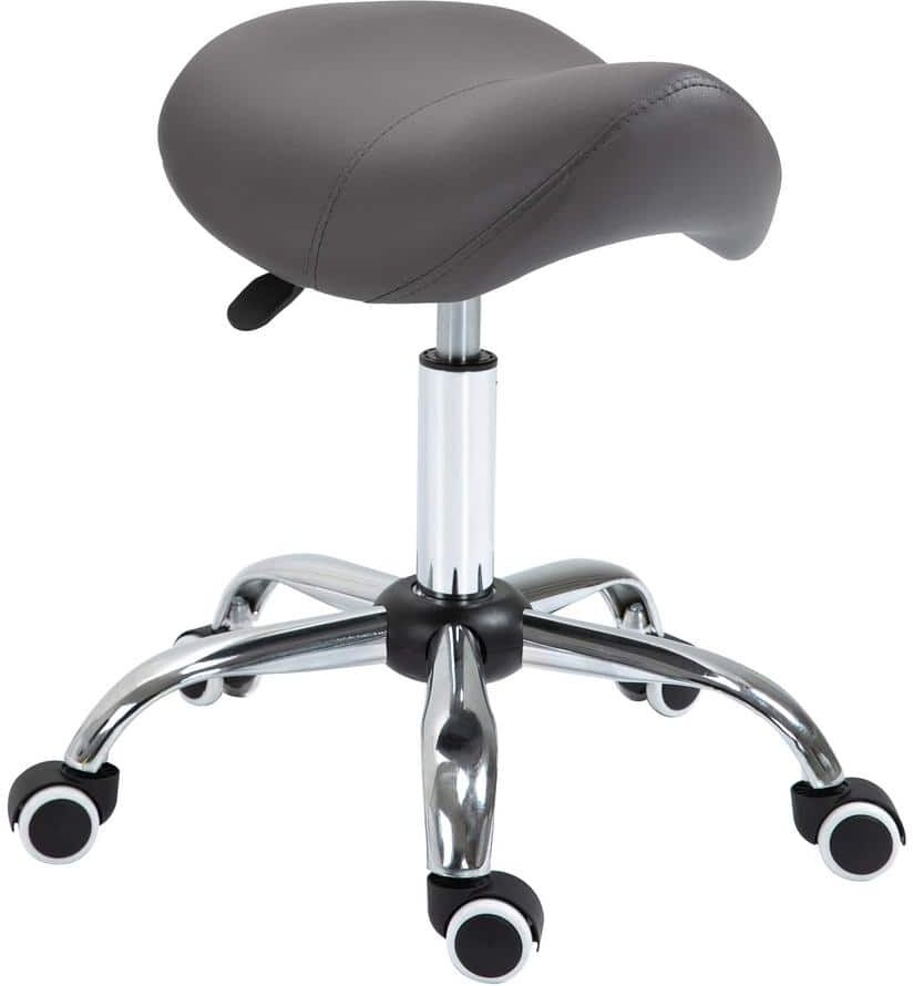 HOMCOM Ergonomic Grey Rolling Saddle Stool PU Leather Hydraulic Spa Stool Height Adjustable Swivel Drafting Medical Salon Chair