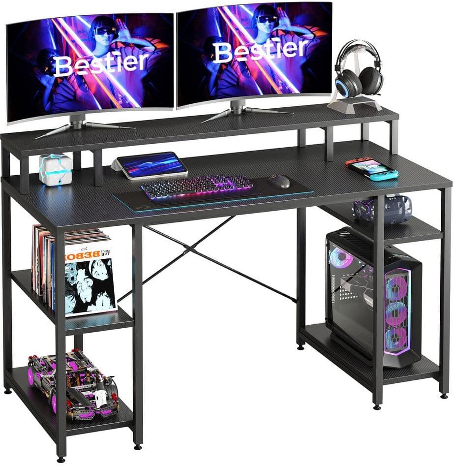 Bestier 55.12 in. Black Carton Fiber Computer Desk with Monitor Stand