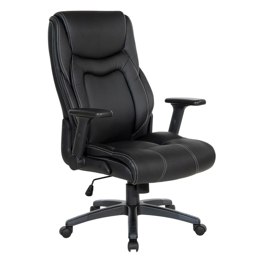 Office Star Products Work Smart Executive Black with White Stitching Bonded Leather High Back Office Chair with Adjustable Arms