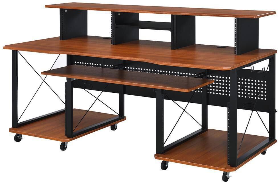 Acme Furniture Megara 30 in. Rectangular Cherry and Black Finish Metal Computer Desk with Keyboard Tray, Shelves and Casters