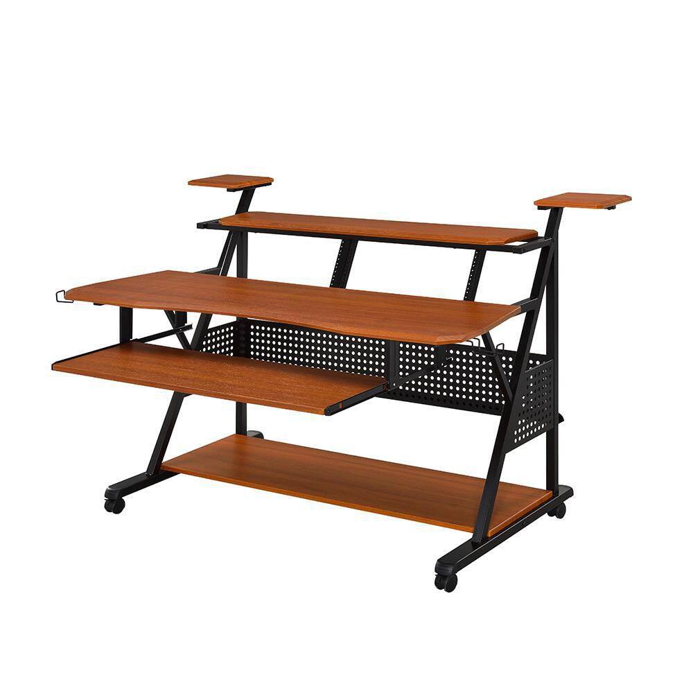 Acme Furniture Willow 38 in. Rectangular Cherry and Black Finish Metal Computer Desk with Keyboard Tray, Shelves and Casters