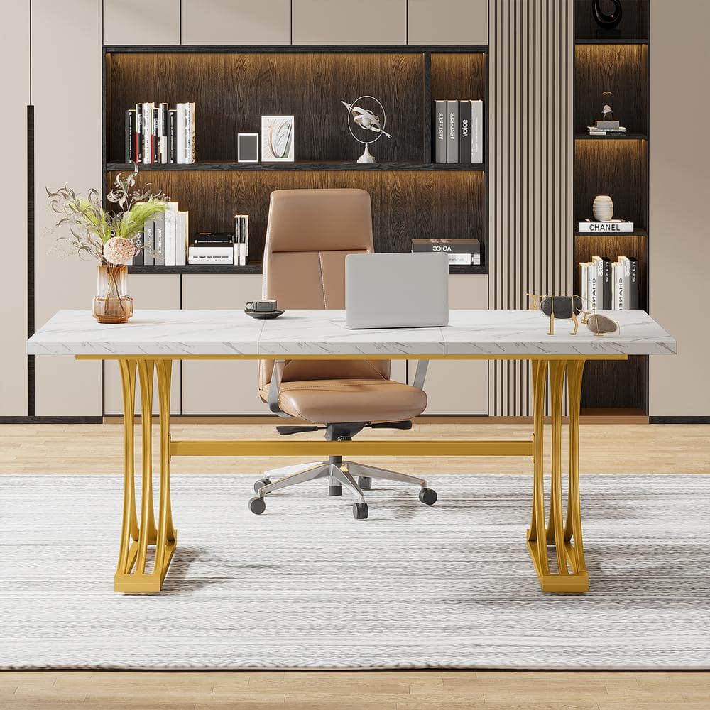 BYBLIGHT Moronia 63 in. Modern Rectangular White, Gold Wood Computer Desk with Gold Metal Double Pedestal for Home Office Table