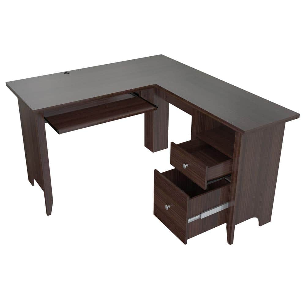 Inval 53.1 in. Espresso Wengue L-Shaped 2 -Drawer Computer Desk with Keyboard Tray
