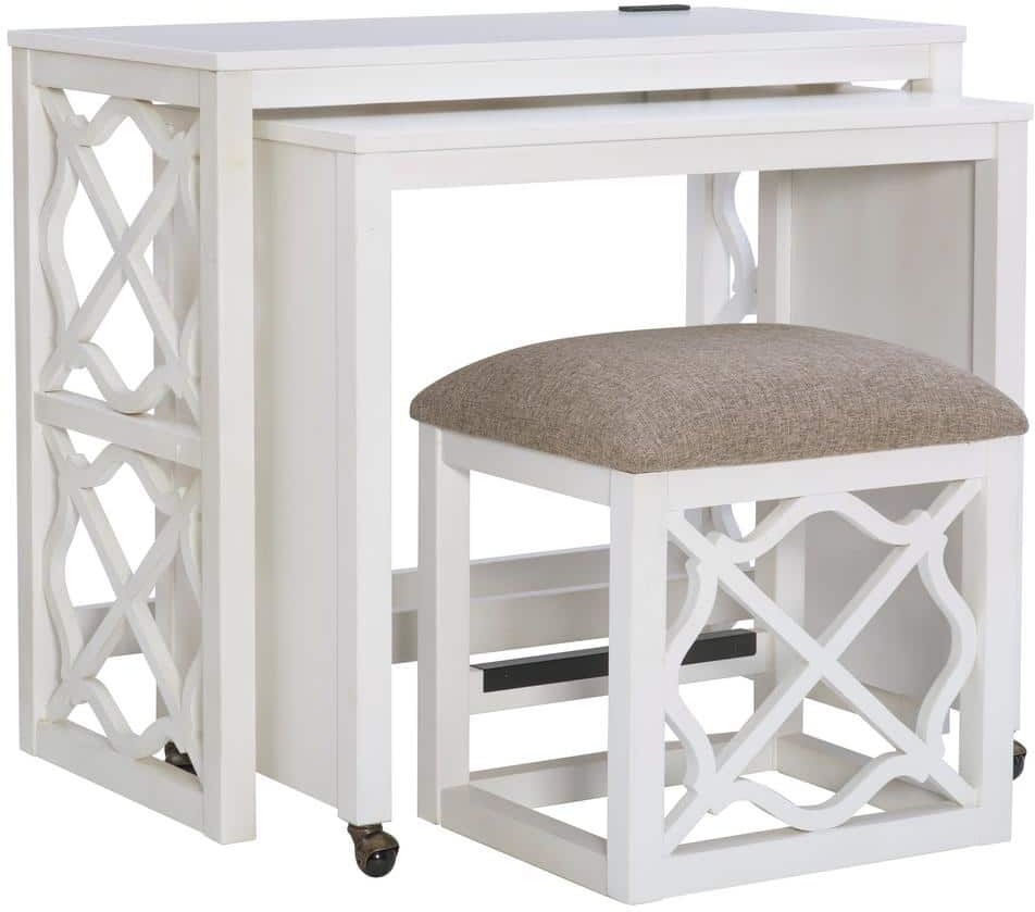 Linon Home Decor Esteban 36 in. W Rectangle Soft White Writing Nesting Rolling Desk with Stool