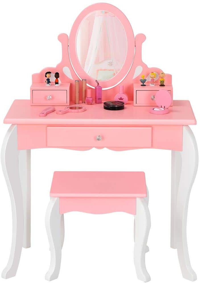 Gymax Kids Vanity Princess Makeup Dressing Table Stool Set W/Mirror Drawer Pink