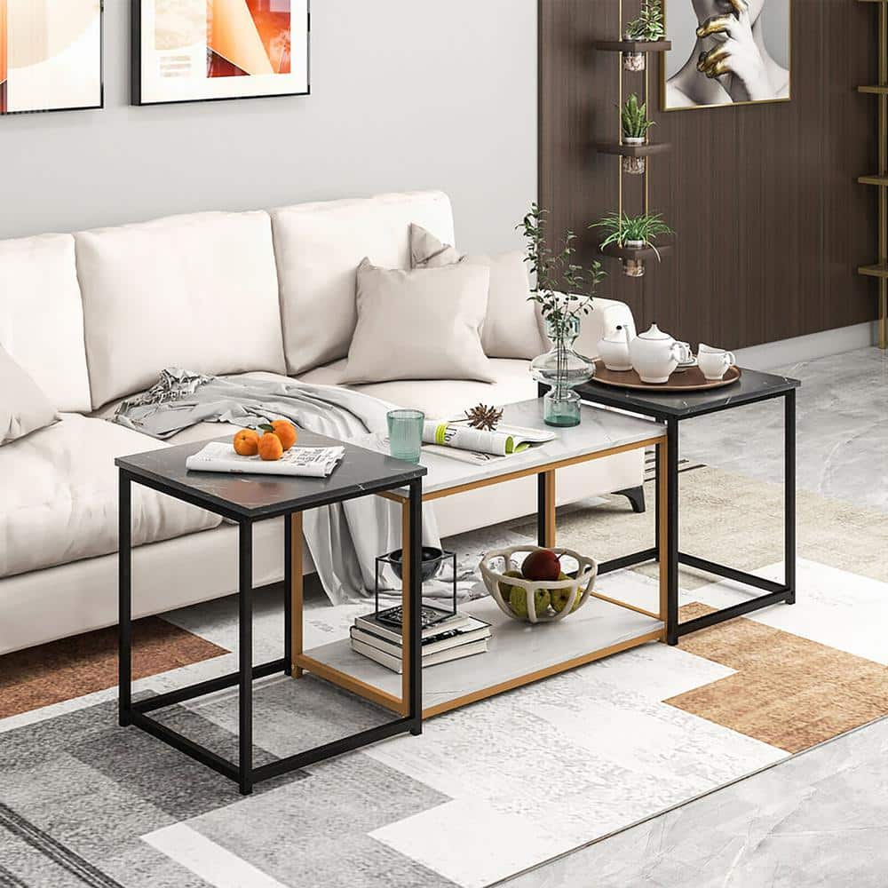 Gymax Rectangle Nesting Table Modern Coffee Side Sofa Table Faux Marble MDF Top Living Room Set of 3