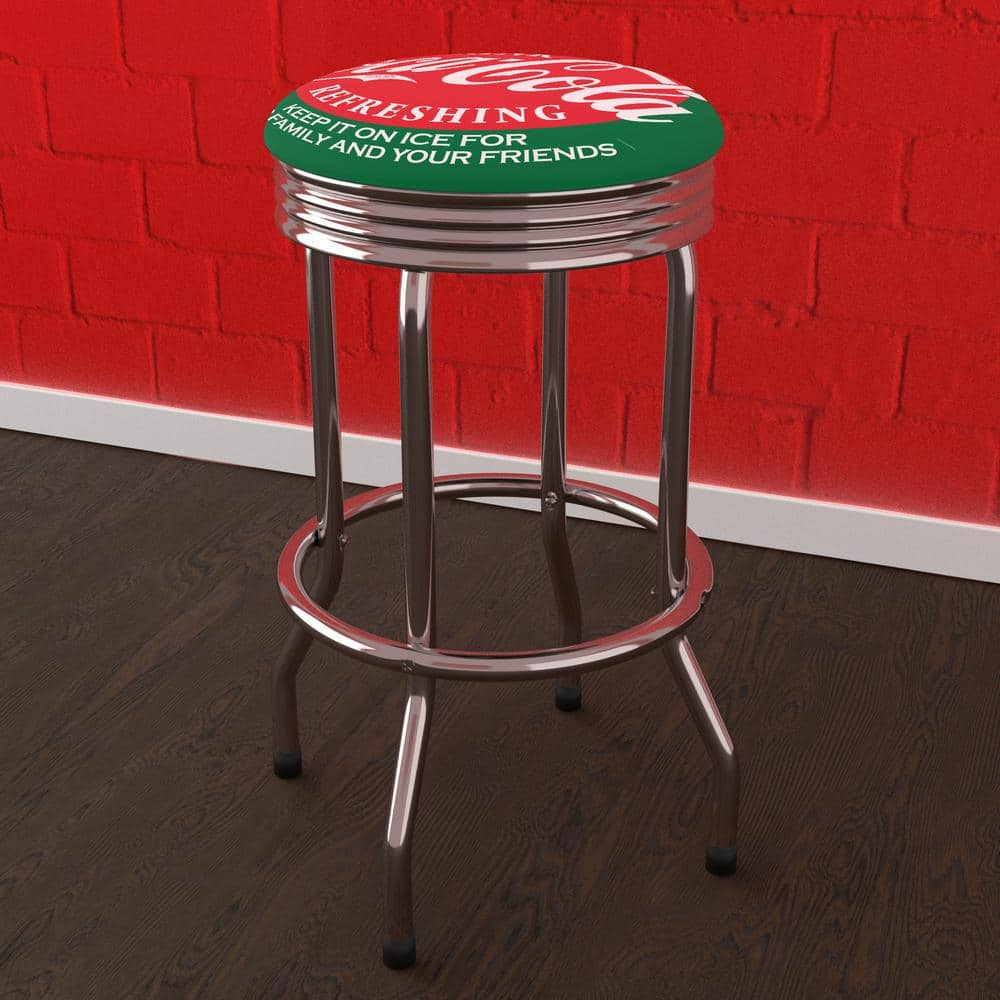 Coca-Cola Ice Cold Bottle 29 in. Green Backless Metal Bar Stool with Vinyl Seat