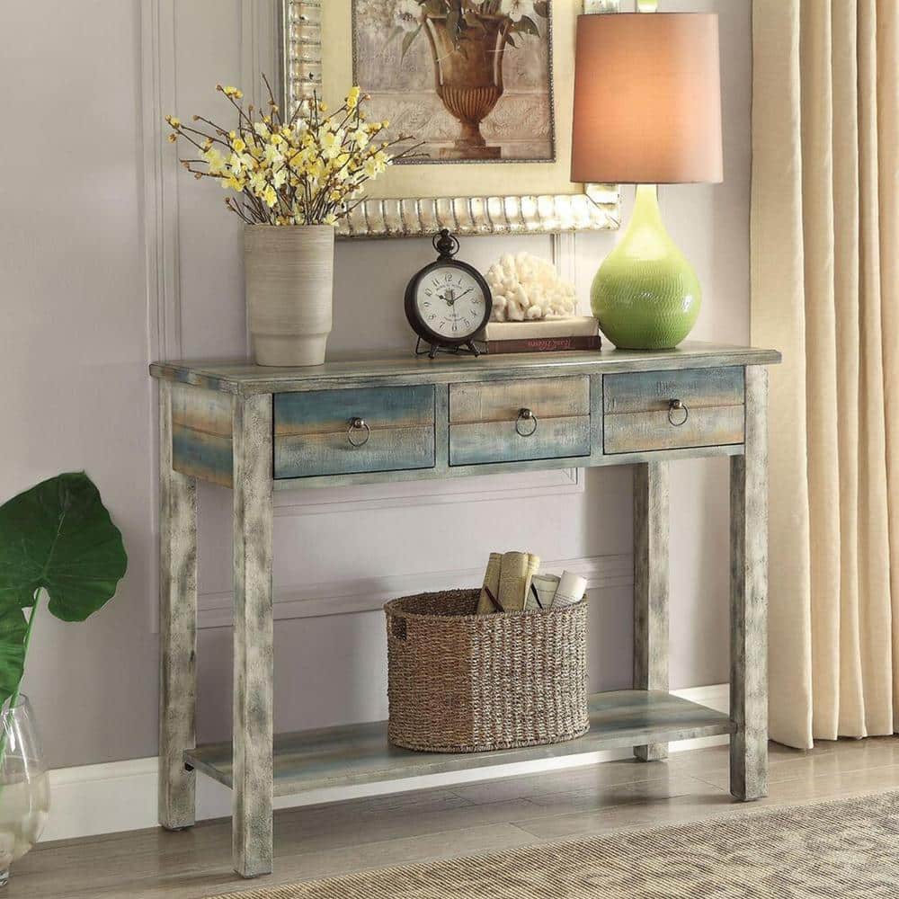HomeRoots Amelia 16 in. Antique White & Teal 32 in. H Rectangle Wood Console Table with Drawers