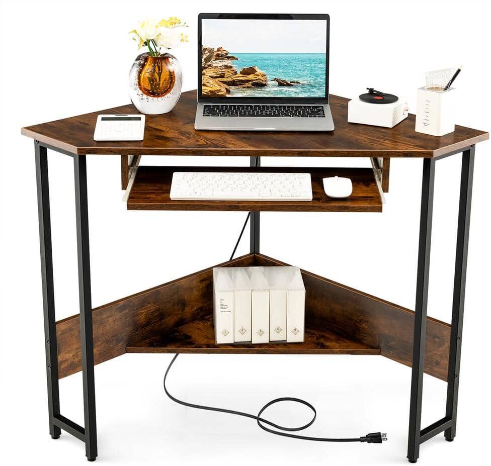 Costway 28.5 in. Triangle Corner Brown Steel Computer Desk Small Space Study Desk Home Office with Keyboard Tray