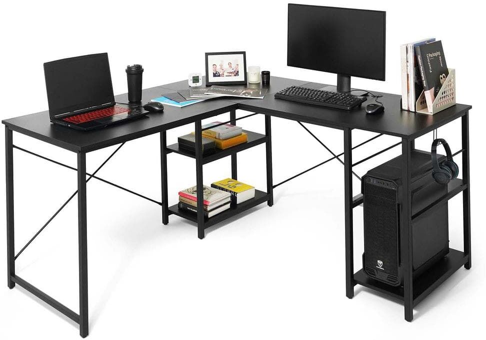 CAPHAUS 59 in. L-Shaped Computer Desk, Study Writing Corner Desk with 4 Storage Shelves, Industrial Modern Laptop Workstation