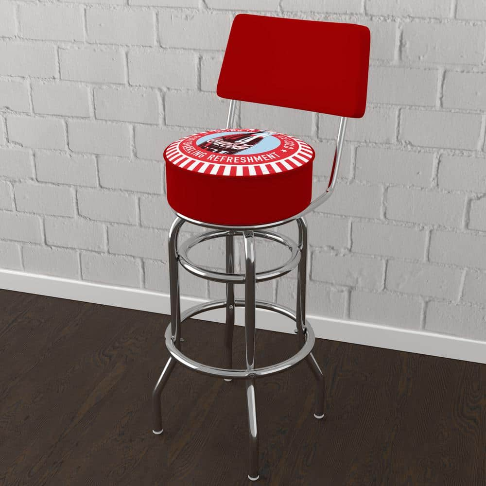 Coca-Cola Drink It Ice Cold for Sparkling Refreshment Bottle Art 31 in. Red Low Back Metal Bar Stool with Vinyl Seat