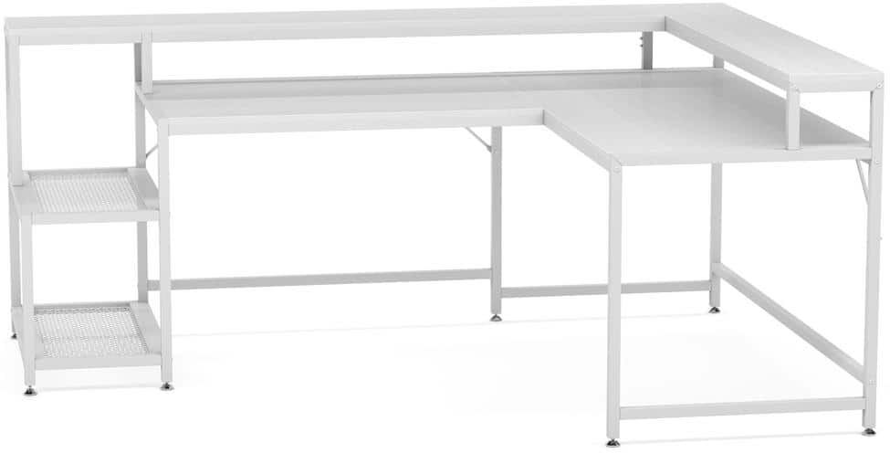 TRIBESIGNS WAY TO ORIGIN Perry 69 in. White Reversible Large Corner L Shaped Computer Writing Desk Monitor Stand Storage Shelf Home Office