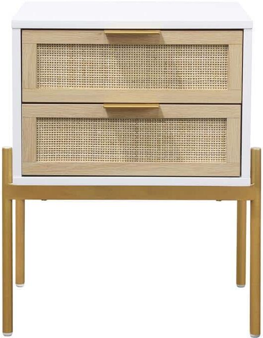 Nathan James Andrew 24 in. White and Rattan End or Side Table with Storage Doors, Gold Accents for Bedroom or Living Room, (Set of 2)