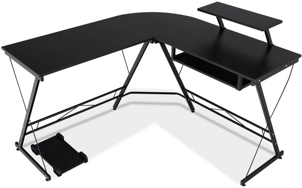 Costway 51.5 in. L Shaped Black Wood Computer Desk Home Office Workstation with Movable Monitor Stand