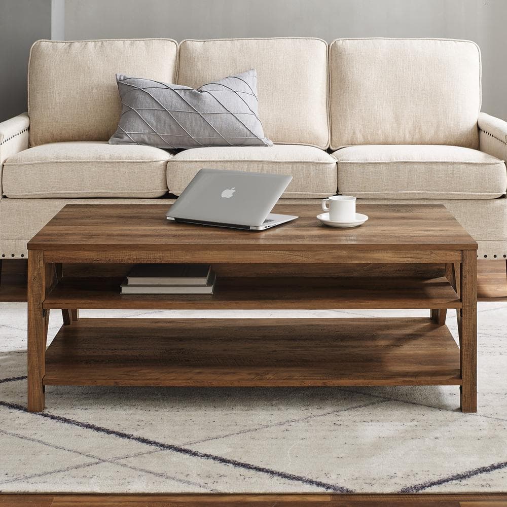 Welwick Designs 48 in. Rustic Oak Large Rectangle Wood Coffee Table with Shelf