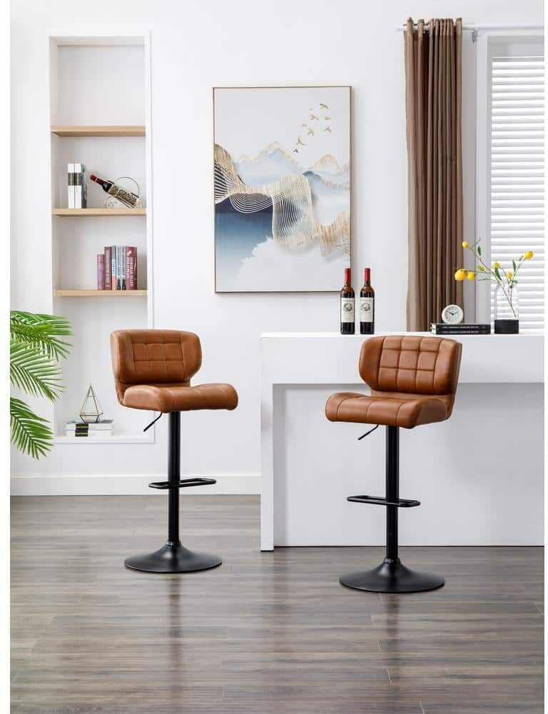 Dwell Home Inc Harvey 26 in. Vintage Medium Brown Mid-Back Metal Adjustable Bar Stool with Faux Leather Seat, 360° Swivel (Set of 2)