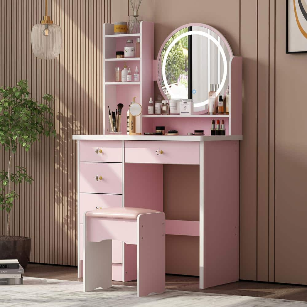 WIAWG 5-Drawers Pink Wood Makeup Vanity Set Dressing Desk W/Stool, LED Round Mirror and Storage Shelves 52 x 31.5 x 15.7 in.