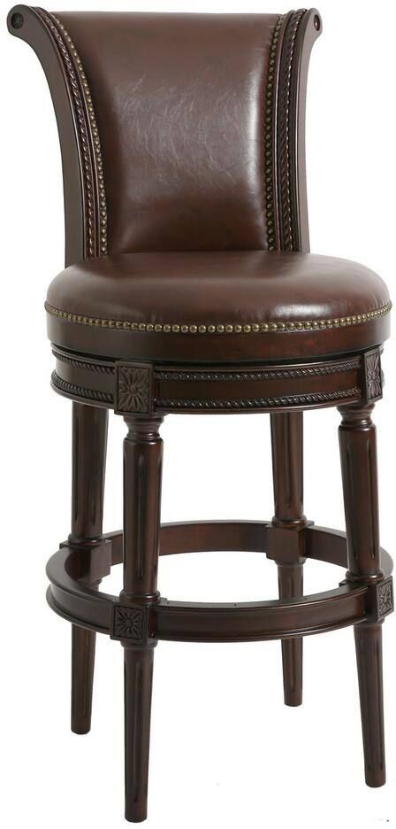 NewRidge Home Goods Chapman 31 in. Distressed Walnut High Back Wood Swivel Bar Stool with Brown Faux Leather Seat, 1-Stool