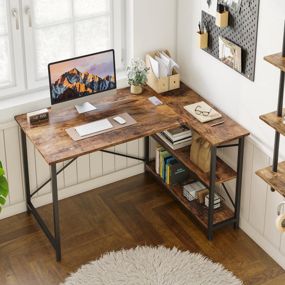 Bestier 47 Inch Small L-Shaped Computer Desk with Storage Shelves Rustic Brown