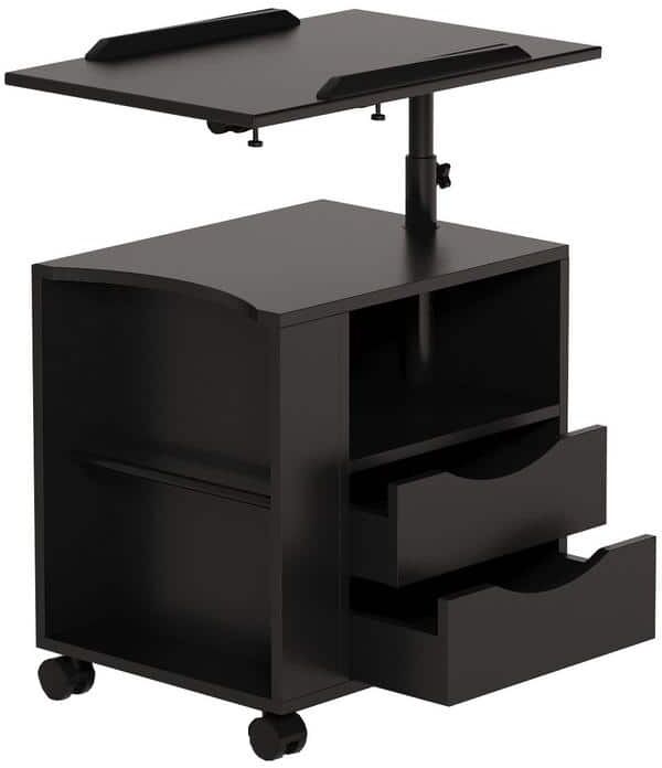 Magic Home 19.69 in.Swivel Top Height Adjustable Overbed End Table Wooden Nightstand with Drawers and Wheels in Black