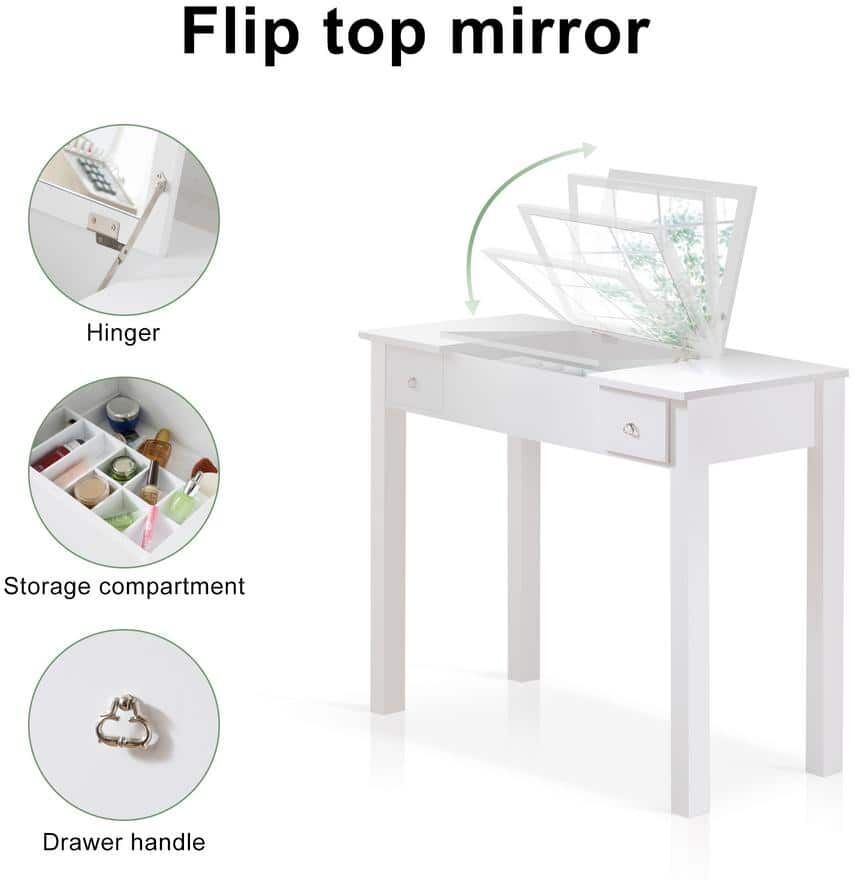 Aoibox 31.50 in. White Rectangle Vanity Table Set MDF Coffee Table with a Mirror