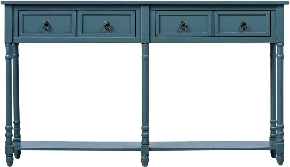 LUCKY ONE 57.9 in. Antique Navy Rectangle Wood Console Table Retro Style Entryway Tables with 2-Drawers and Bottom Shelf